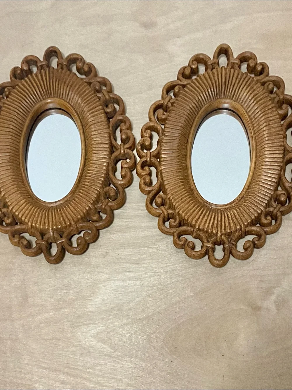 Two Vintage 1978 Dart by Homco Ornate Faux Brown Rattan Oval Mirrors